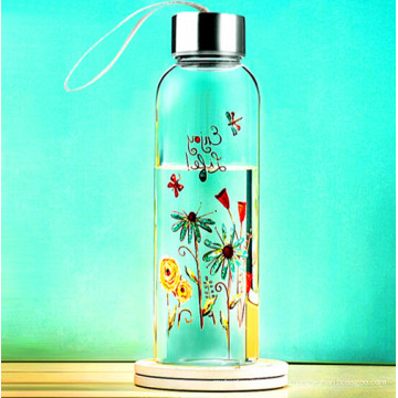 Beautiful Flower Design Glass Water Bottle with Rope Gift Cup Sport Glass Bottle